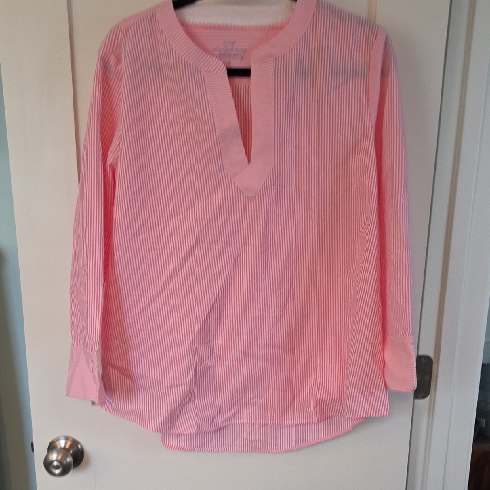 Vineyard Vines Performance Pink and White Striped V-Neck Tunic